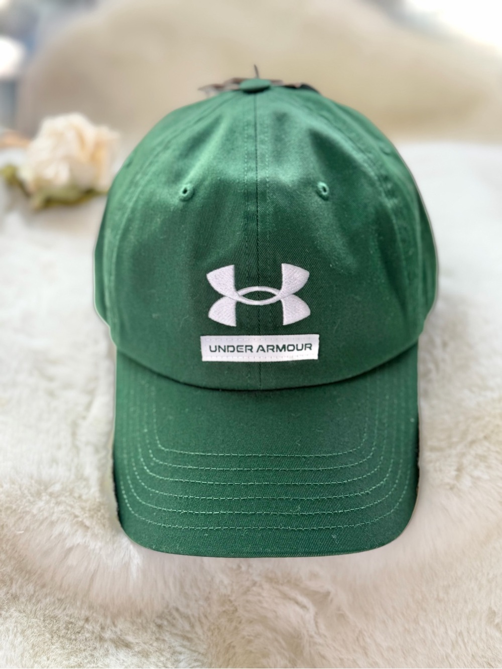 Under Armour Men’s Dark Green Cap with White Logo adjustable back silver hardwar